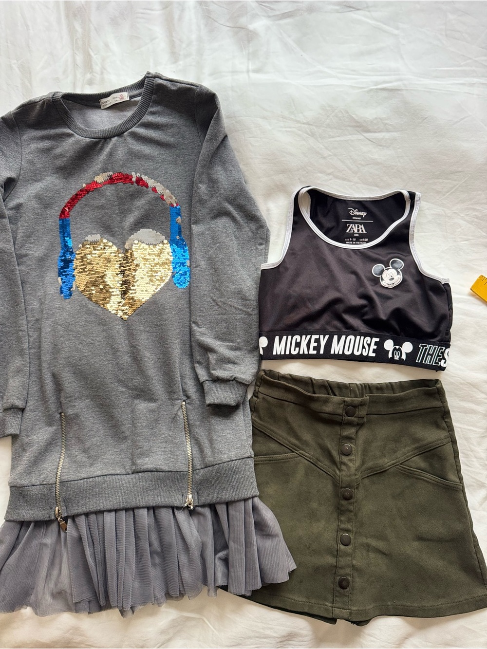 Zara Gray Sequin Heart Sweater Dress & Black Mickey Crop Tank Set